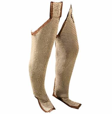 A pair of brass chainmail chausses with flap covering and edge is wrapped with brown cloth.
